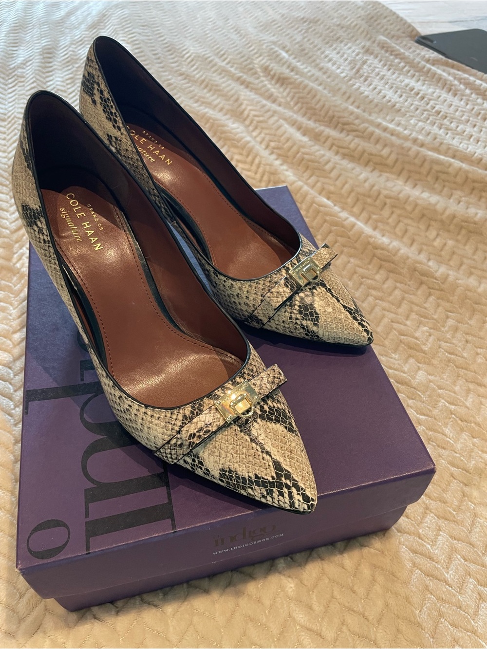 Cole Haan Beige and Black Snake-Print Pointed Toe Pumps with Gold Accent